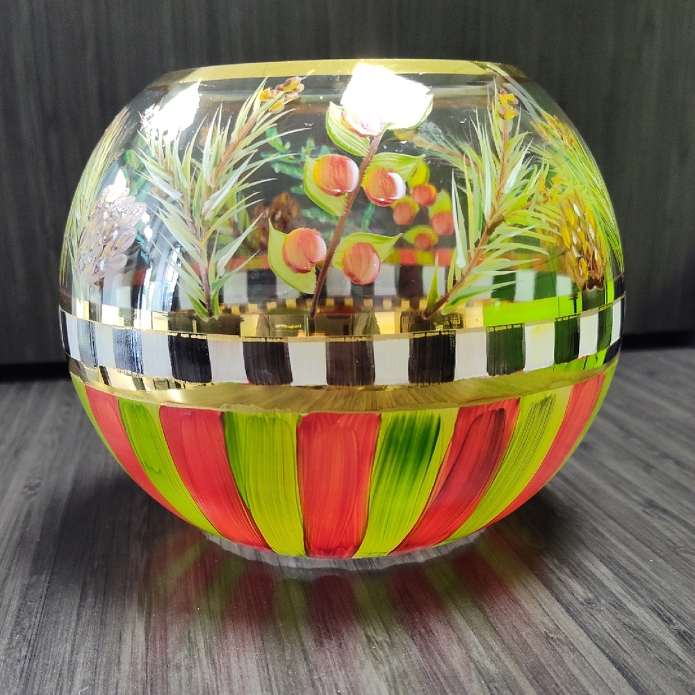 Mackenzie Childs Large Glass Vase Globe Votive with Holly Berries  and Pine Cone